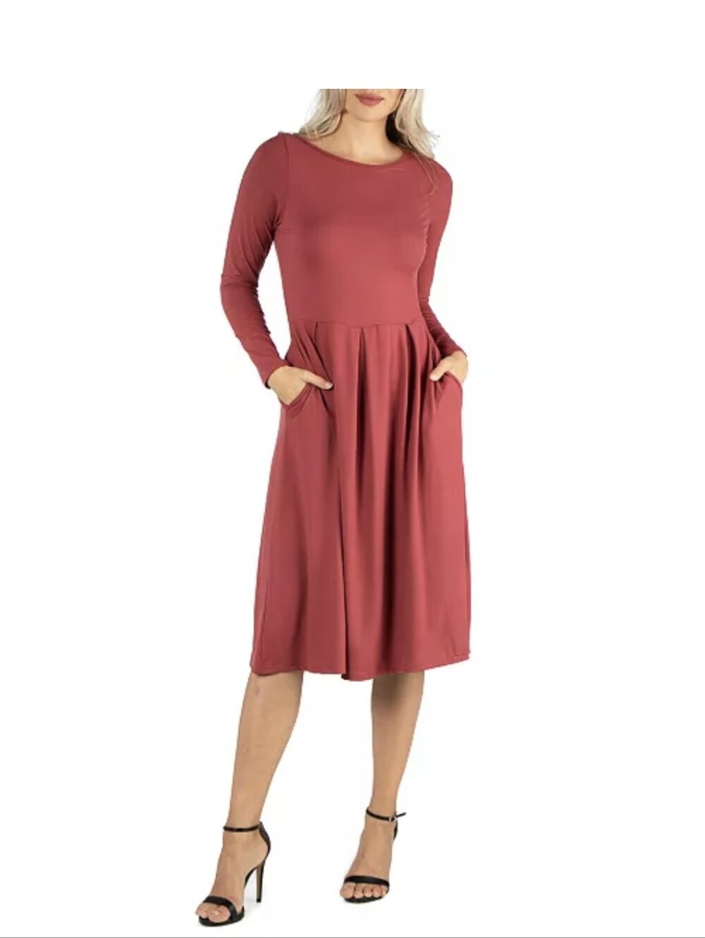 24/7 Comfort Apparel Long Sleeve Midi Dress in Dusty Rose